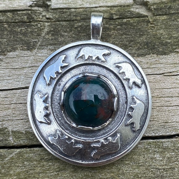 Bear Dance Circle Pendant .925 Sterling Silver w/ genuine Bloodstone Made in USA - Picture 7 of 10